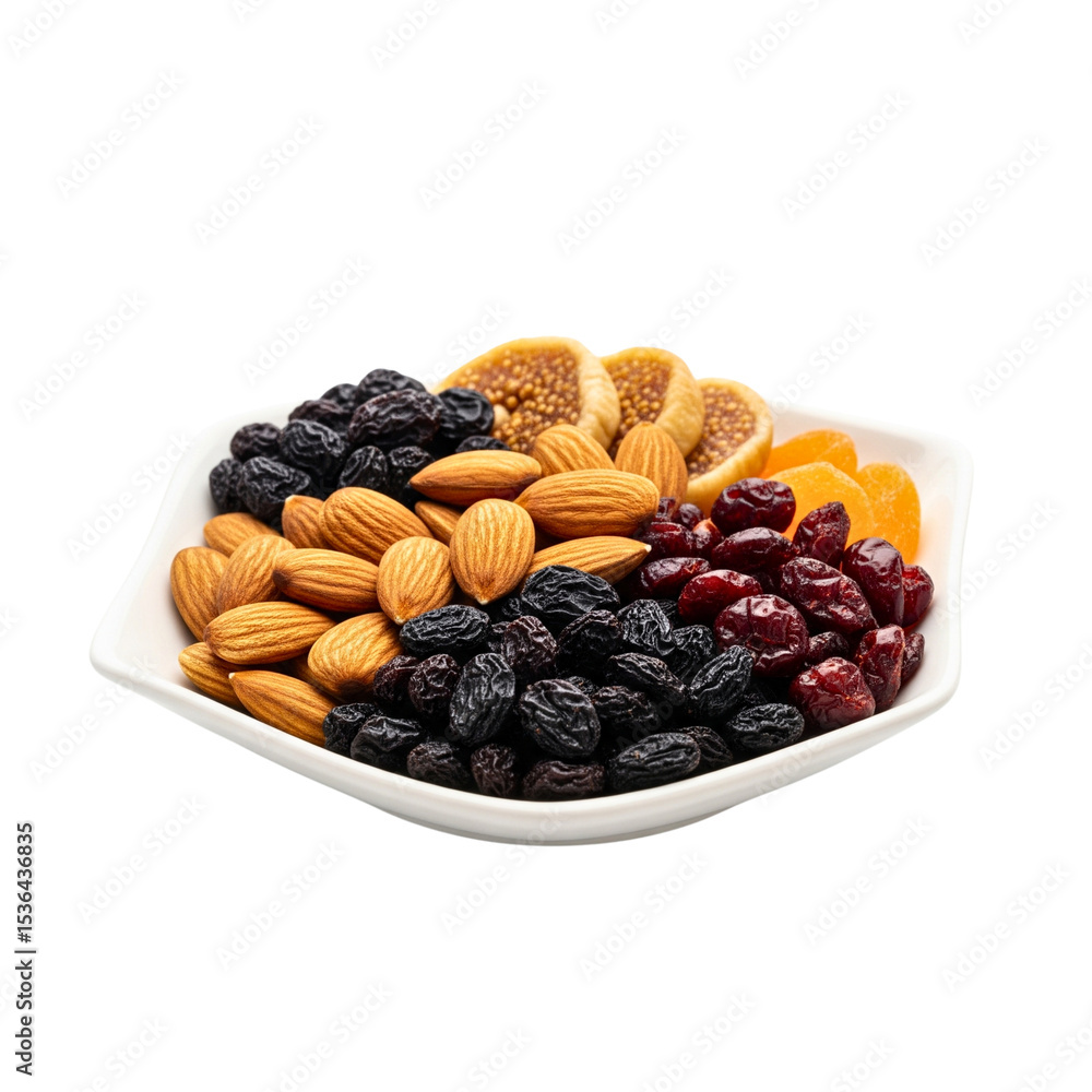 A small plate of almonds, raisins and dried fruit isolated on transparent background A small plate of almonds, raisins and dried fruit isolated on transparent background