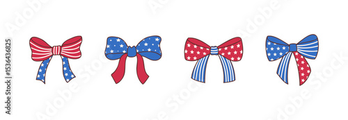 Patriotic Bow and Ribbon Vector Illustration in Red, White, and Blue for 4th of July Celebration, Festive Design with Stars and Stripes Perfect for Independence Day and National Holiday Decor