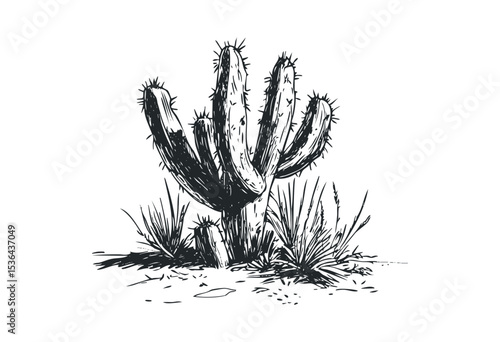 Detailed sketch of a desert cactus with spiky needles and surrounding plants. Vector retro hand drawn illustration