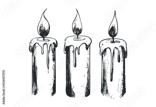 Three hand-drawn candles with wax drips and flickering flames. Vector retro hand drawn illustration