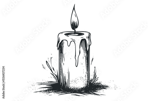 Hand-drawn illustration of a dripping candle with flame in artful design. Vector retro hand drawn illustration