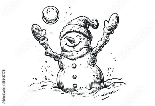 Cheerful snowman juggling snowballs in winter hat and scarf. Vector retro hand drawn illustration