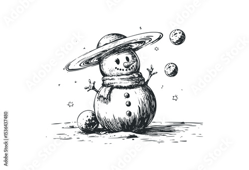 Snowman juggling planets with saturn hat in whimsical sketch art. Vector retro hand drawn illustration
