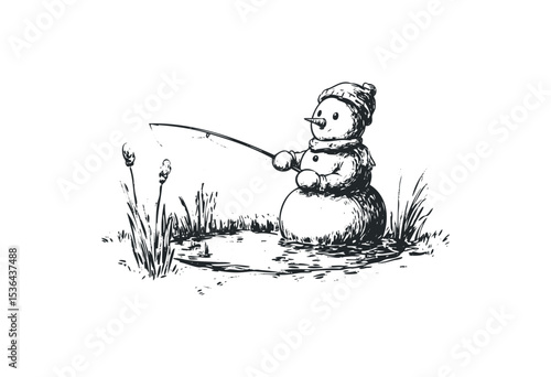 Snowman fishing in winter pond with fishing rod and hat. Vector retro hand drawn illustration