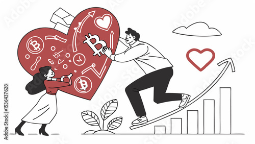 A couple lovingly carries a large heart symbolizing bitcoin growth and financial success