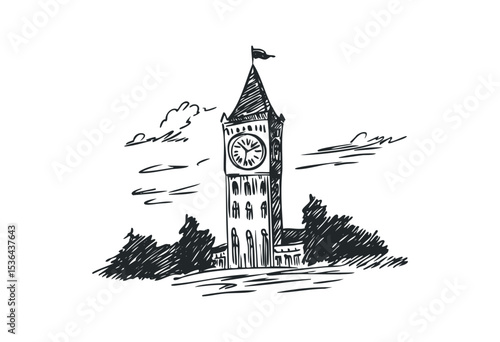 Hand-drawn sketch of iconic clock tower building with clouds and trees. Vector retro hand drawn illustration