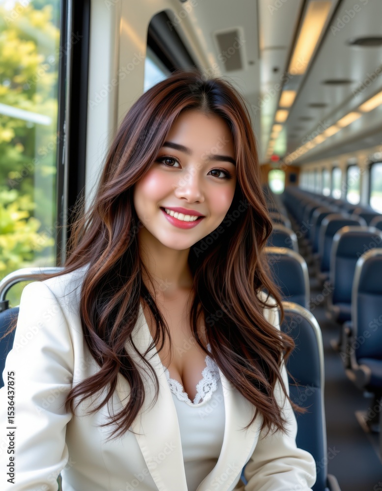 Smiling young woman on train urban transport lifestyle portrait bright environment relaxed viewpoint Smiling young woman on train urban transport lifestyle portrait bright environment relaxed viewpoint