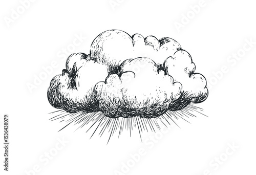 Hand-drawn cloud with rays illustrating simplicity and artistic style. Vector retro hand drawn illustration
