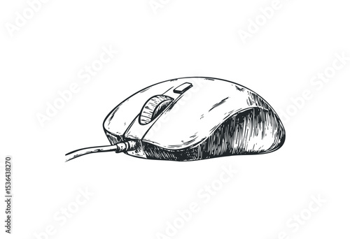 Vintage sketch of a wired computer mouse. Vector retro hand drawn illustration