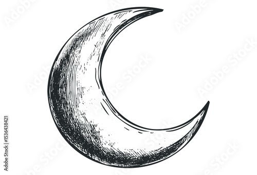 Hand-drawn crescent moon illustration with detailed texture. Vector retro hand drawn illustration