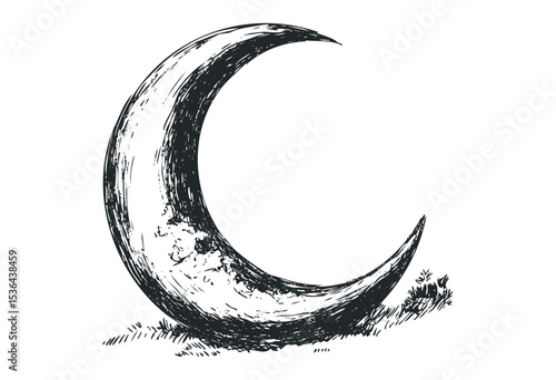 Artistic sketch of a crescent moon with detailed texture. Vector retro hand drawn illustration