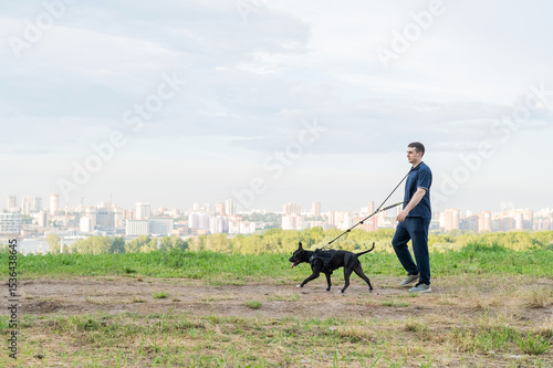 Obraz na plátne Man running with pit bull terrier outdoors.