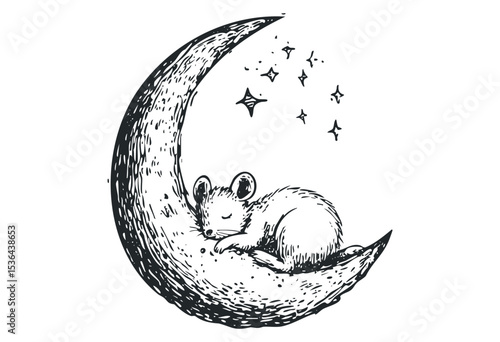 Mouse sleeping on crescent moon with stars in dreamy night sky sketch. Vector retro hand drawn illustration