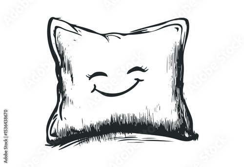 Smiling pillow sketch with cartoon eyes. Vector retro hand drawn illustration