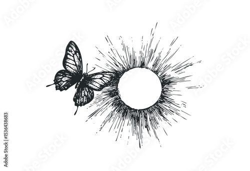 Butterfly silhouette with abstract sunburst design. Vector retro hand drawn illustration