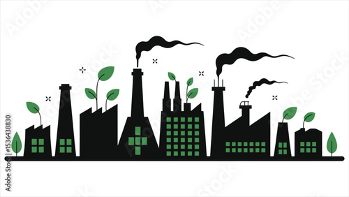 ( Eco-Friendly Factories)Vector Silhouette Of Eco-Friendly Factories with Sustainable Elements/A simple, flat design illustration of factories with green plant sprouts emerging from the tops