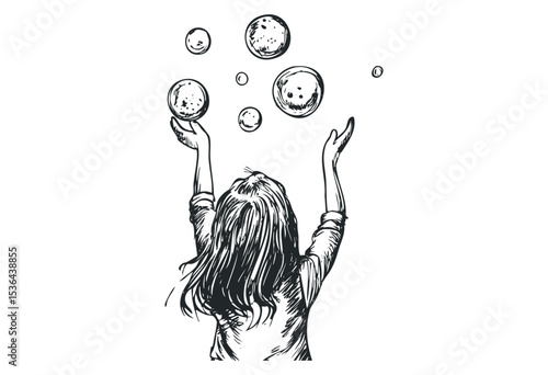 Young caucasian female child juggling bubbles in sketch style. Vector retro hand drawn illustration