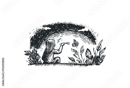 Child's imagination captured in black and white drawing of girl blowing bubbles. Vector retro hand drawn illustration