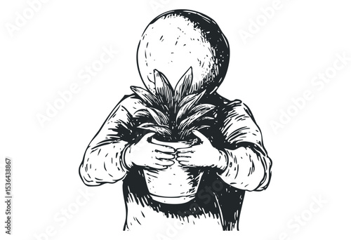 Faceless figure holding potted plant: surreal artistic drawing in black and white. Vector retro hand drawn illustration