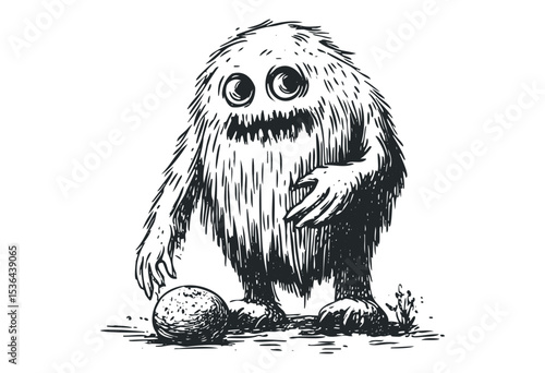 Furry cartoon monster with large eyes and ball in black and white art. Vector retro hand drawn illustration
