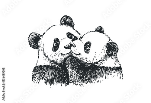 Two adorable pandas embracing in a heartwarming illustration. Vector retro hand drawn illustration