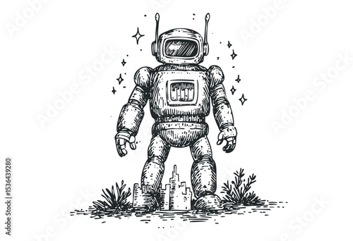 Retro futuristic robot sketch with antennas and cityscape background. Vector retro hand drawn illustration