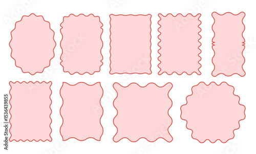 Whimsical Coquette wavy edge stickers rectangle, oval and circle shapes. Vector jagged geometric designs. Abstract elements perfect for frames, stamps, templates, promotional design