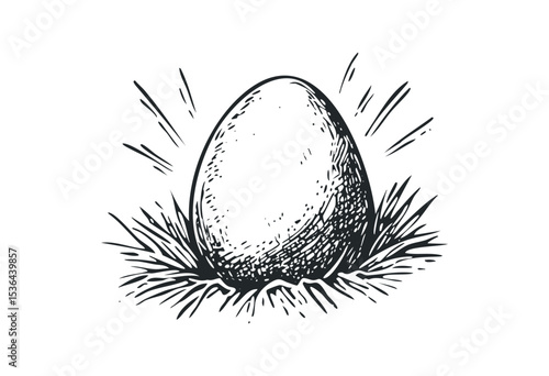 Hand-drawn egg illustration in nest with radiating lines. Vector retro hand drawn illustration