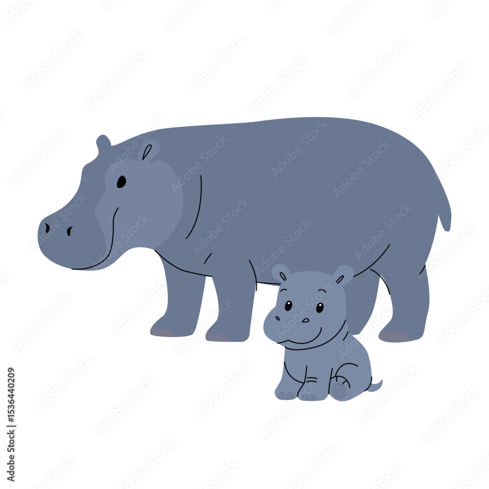 Fototapeta premium Cute cartoon hippopotamus mother and baby, flat vector illustration, hand drawn wild animals, African safari family, isolated on white background, simple wildlife design for kids. Vector illustration