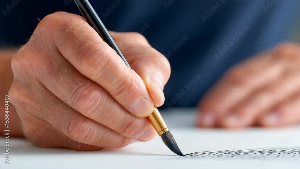 Close-up of a Hand Holding a Brush Pen Creating Detailed Lines on a White Surface Close-up of a Hand Holding a Brush Pen Creating Detailed Lines on a White Surface