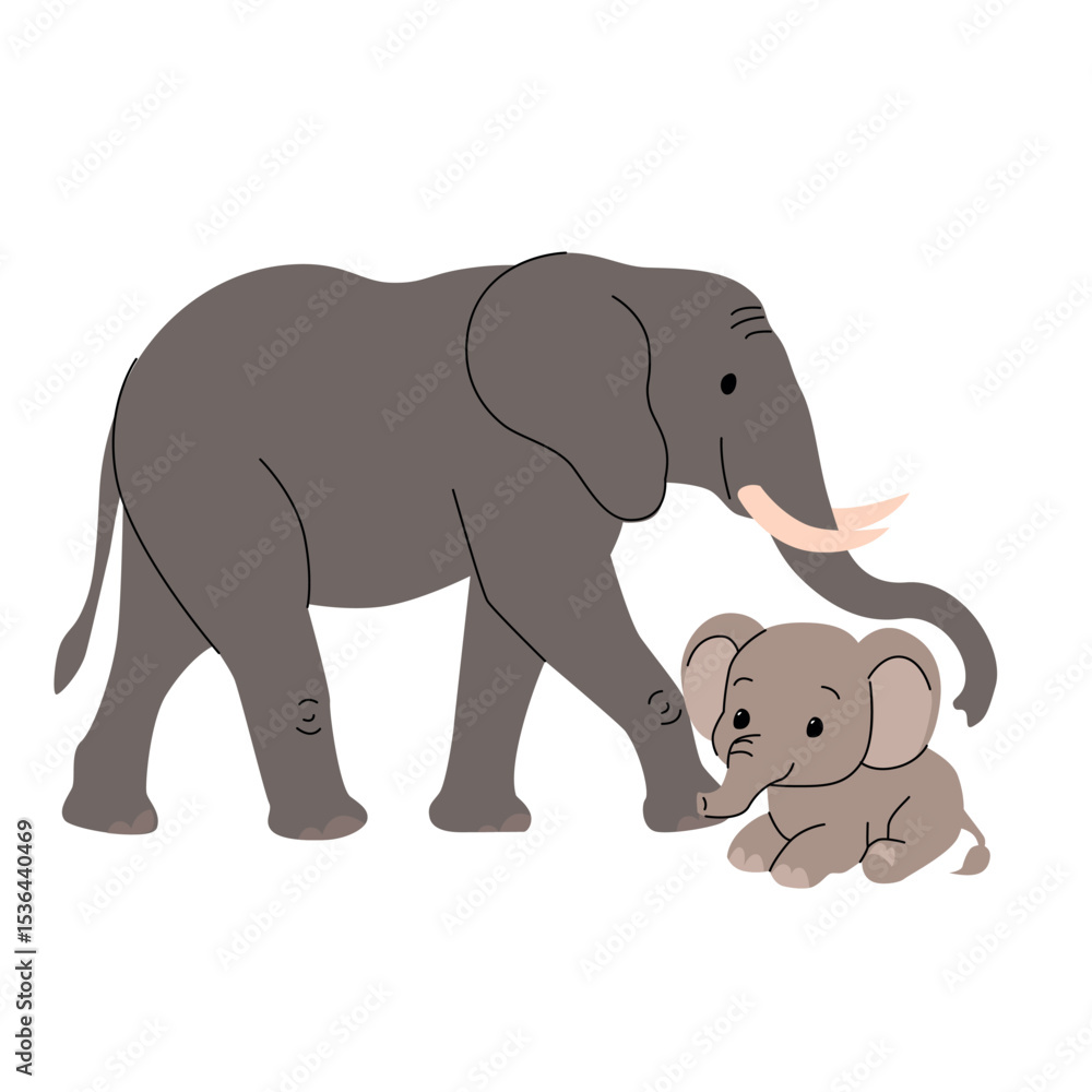 Obraz premium Cartoon elephant mother and baby, cute wild animals, flat vector illustration, hand drawn African safari family, isolated on white background, simple wildlife design for kids. Vector illustration