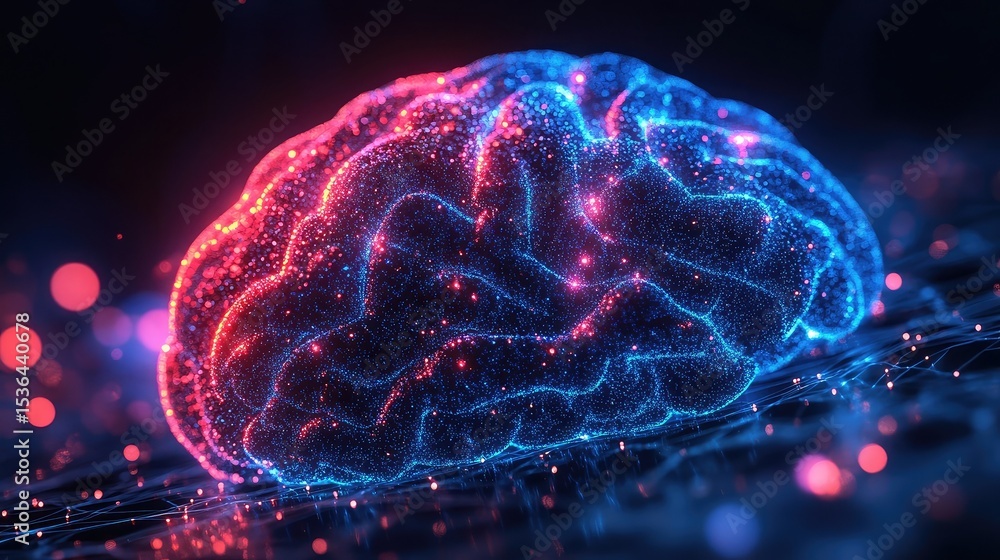 Glowing brain with pink and blue lights on a dark background representing artificial intelligence Glowing brain with pink and blue lights on a dark background representing artificial intelligence