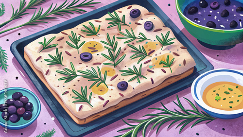 Homemade Italian focaccia bread topped with rosemary, olive oil, and sea salt. Ideal for bakery visuals, cooking blogs, rustic food illustrations, and Mediterranean cuisine themes