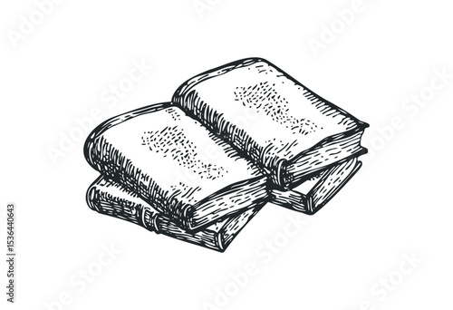 Hand-drawn illustration of stacked open books. Vector retro hand drawn illustration