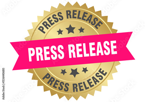 press release. press release round pink and gold label isolated on transparent background