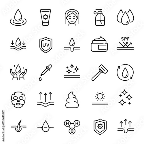 Skincare & Dermatology Line Icons - Beauty & Cosmetic Products Vector Set