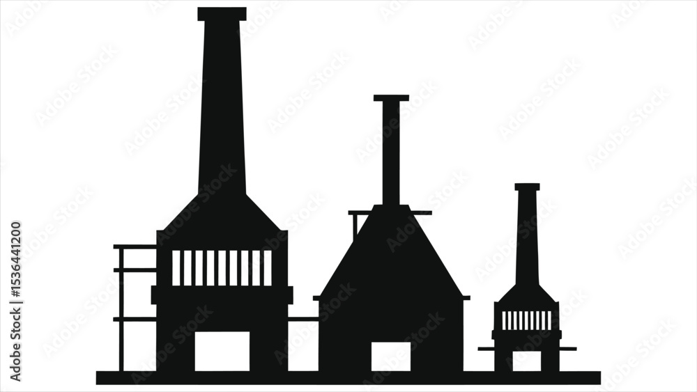 (Heat Treatment Furnace)Industrial Plant Vector Silhouette Against Light Background/A simple, black silhouette of an industrial plant complex, likely a factory or manufacturing facility (Heat Treatment Furnace)Industrial Plant Vector Silhouette Against Light Background/A simple, black silhouette of an industrial plant complex, likely a factory or manufacturing facility