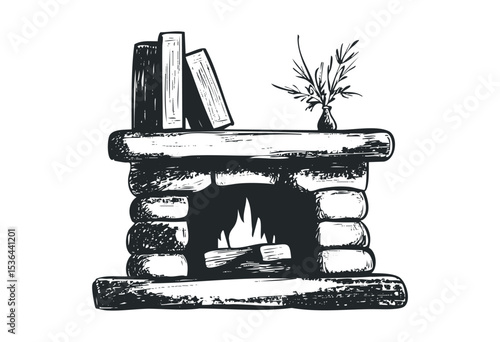 Rustic stone fireplace with books and plant in hand-drawn illustration. Vector retro hand drawn illustration