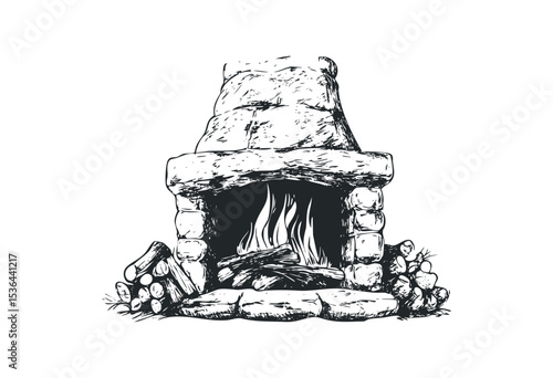 Rustic stone fireplace illustration with firewood and flames. Vector retro hand drawn illustration