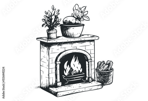 Sketched fireplace with plant decor and firewood. Vector retro hand drawn illustration