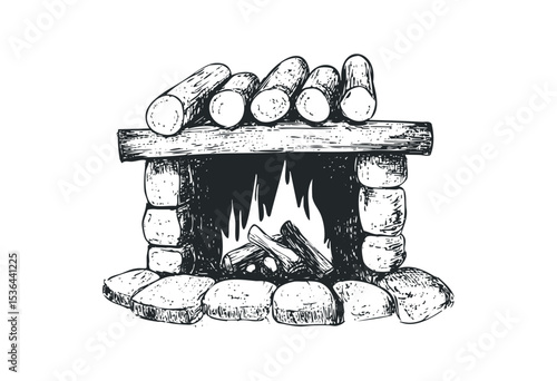 Hand-drawn fireplace sketch with logs and stones. Vector retro hand drawn illustration