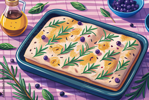Homemade Italian focaccia bread topped with rosemary, olive oil, and sea salt. Ideal for bakery visuals, cooking blogs, rustic food illustrations, and Mediterranean cuisine themes