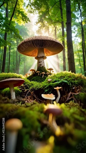 Sunlit fairy ring of toadstools on mossy ground under tall trees in an enchanted forest, fantasy woodlands, magical glow