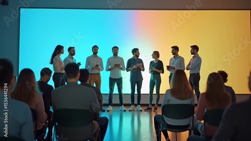 Team presenting ideas on stage with colorful gradient screen during corporate event