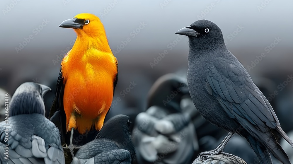 Fototapeta premium Two birds, one black and one yellow, are standing next to each other. The black bird is looking at the camera, while the yellow bird is looking away. The scene is a close-up of the birds