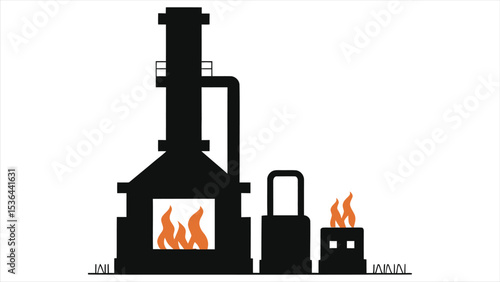 (Heat Treatment Furnace)Industrial Facility with Furnaces in Vector Silhouette/A simple silhouette of an industrial facility featuring a tall tower and two furnaces with flames.