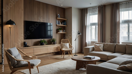 A modern and cozy living room interior design. A large TV is mounted on the front wall, with a comfortable sofa facing it. On the right side of the image, there is a computer desk setup with a chair  