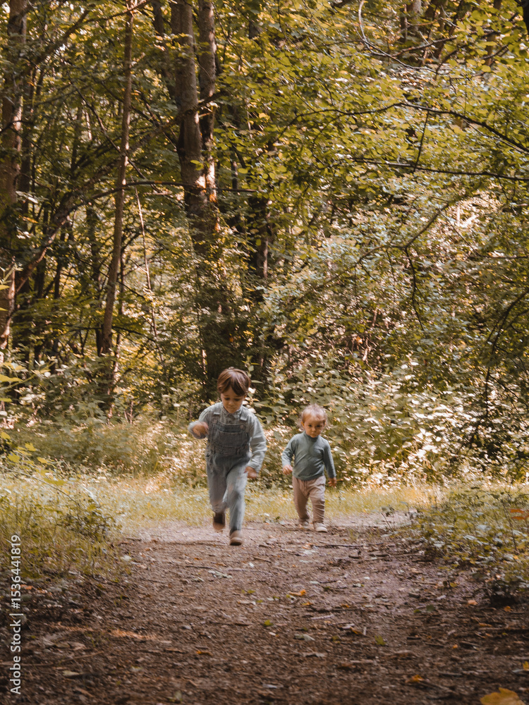 Fototapeta premium Portrait de deux enfants qui court dans la nature