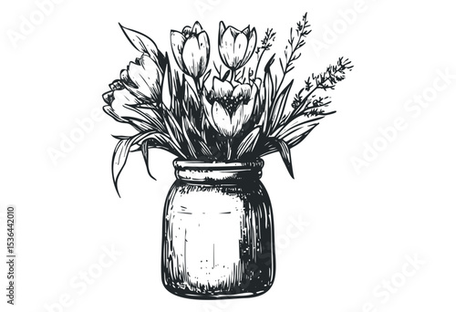 Hand-drawn flower bouquet in a jar with tulips and leaves. Vector retro hand drawn illustration