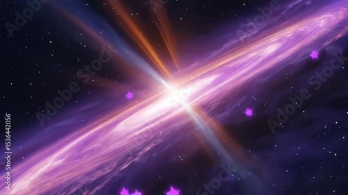 radiant purple spiral galaxy swirls through the vastness of space, celestial energy, graceful motion of the universe  in purple color , glowing purple galaxy spiral motion, purple stars flying motion 